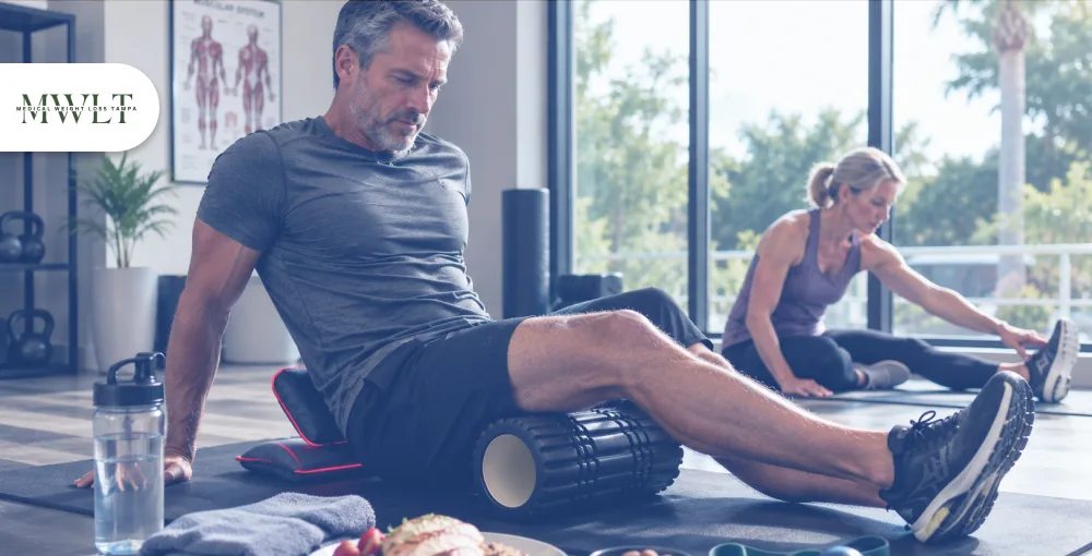 Active adults using foam rollers and stretching exercises for muscle pain relief and recovery